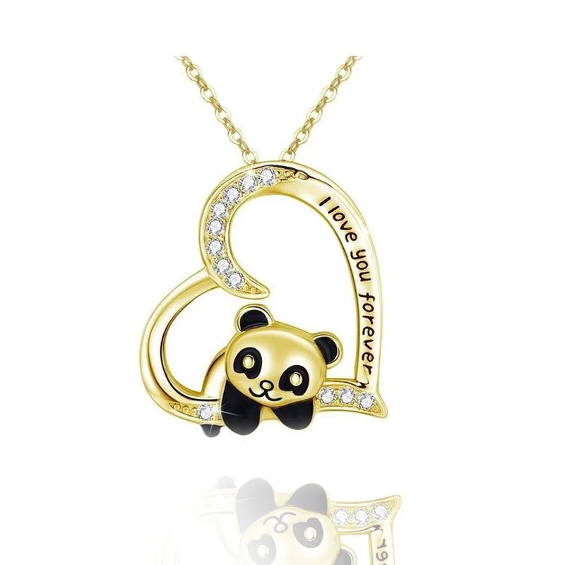 Factory Supply Girls Cute I Lover Forever Heart Shape Crystal Panda Necklace