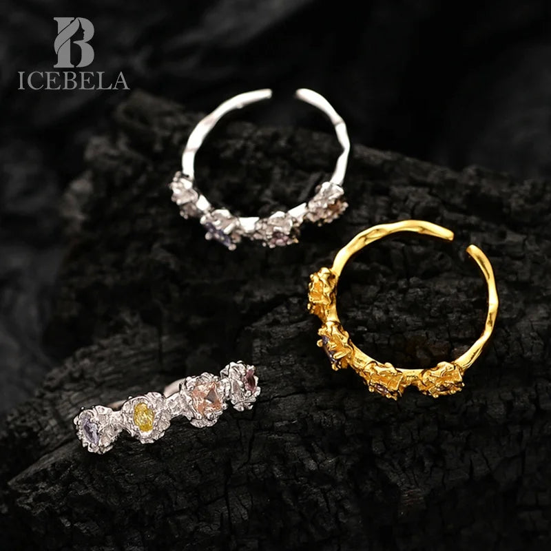 ICEBELA Jewelry 925 Sterling Silver 18k Plated Colorful Cubic Zirconia Open Rings No Fade Diamond Textured Tennis Rings