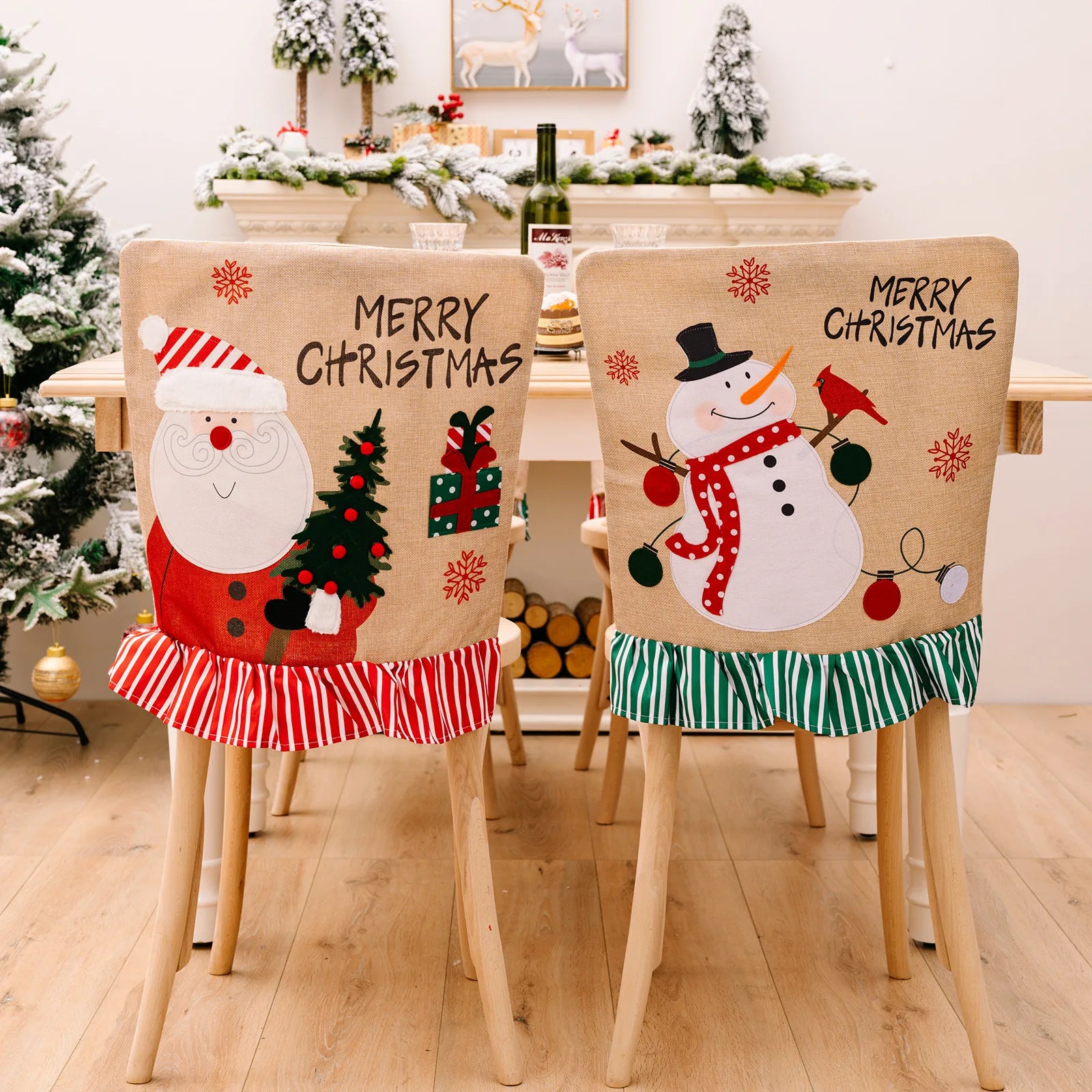 2024 Christmas Chair Decoration Back Cover Santa Snowman Dining Chair Cover Linen Santa Claus Home Decor Christmas Chair Cove