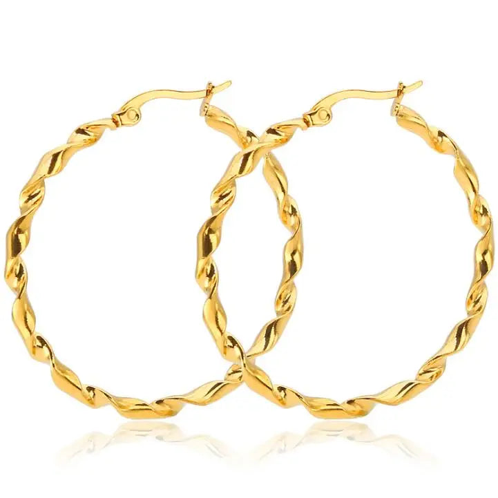 Trendy Simple Classic 316L Stainless Steel Gold Plated Earrings Irregular Twist Wave Hoop Design for Wedding Party Jewelry for
