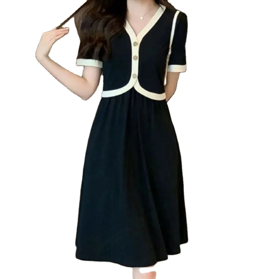 2024 Summer New Style Waist Slimming Short-sleeved Skirt Temperament Fashion Stitching Dress for Women