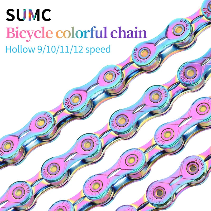 SUMC Hollow Colorful Bike Chain 9S 10 11 12 Speed CNC Plated Chain for MTB Road Bicycle