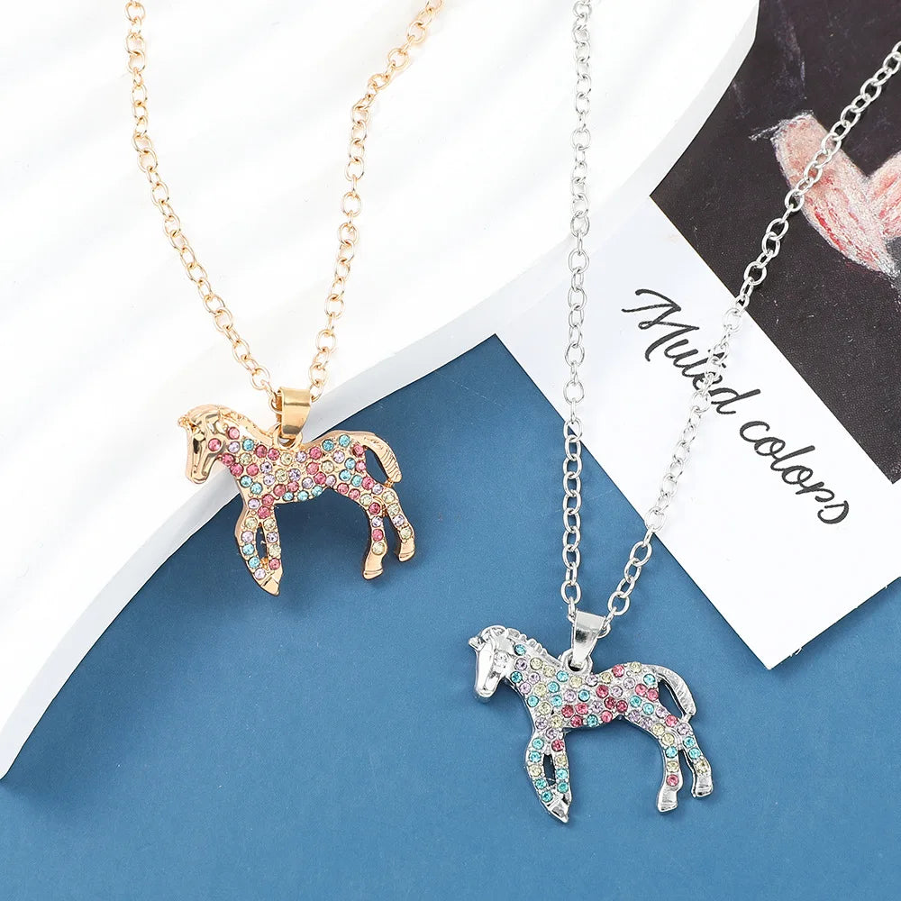 Fashion Jewelry Girl Boy Silver Gold Colorful Rhinestones Horse Pendant Necklace