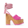 2024 Custom Designer Women's Summer Heeled Sandals Thick Sole Wood Platform Ankle Strap Lace Sexy Beach Wedge Insole PU Material