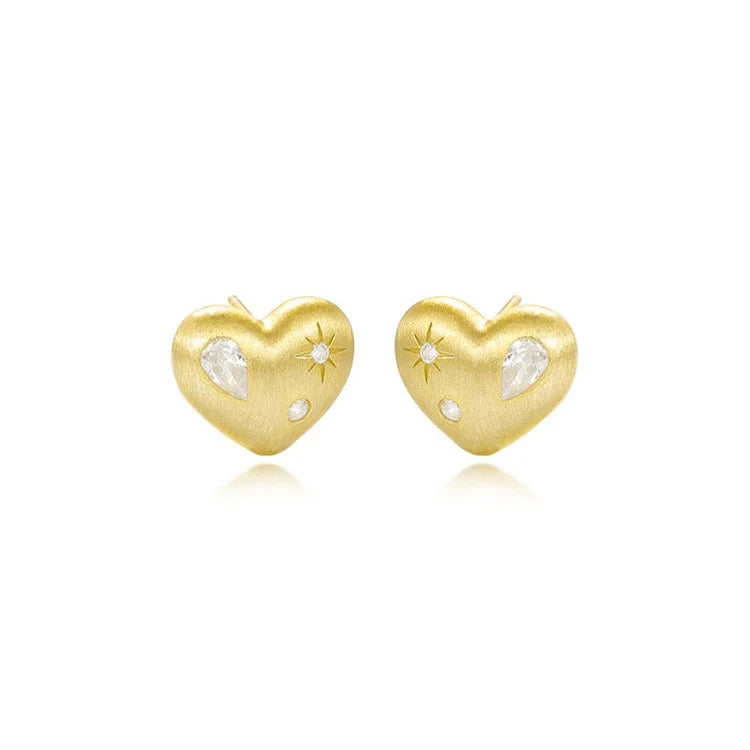 Luxury Zircon Gemstone 18k Gold Plated 925 Sterling Silver Heart Shape Brushed Earrings for Women
