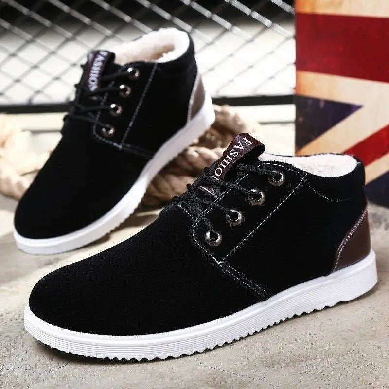 Men's Winter Flat Shoes Casual Lace-up Solid Color PU Leather Shoe