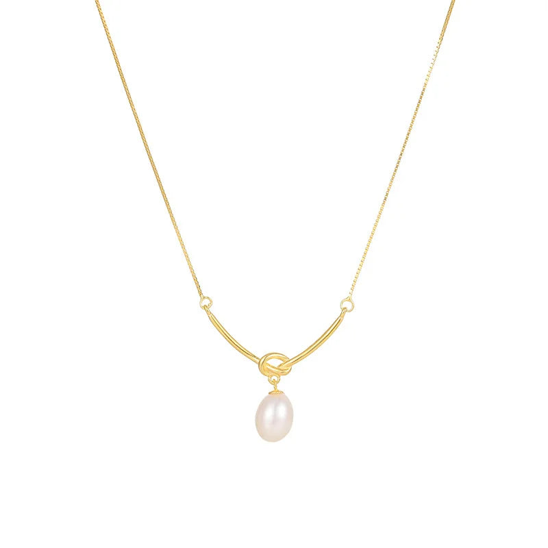 Fashion Jewelry 925 Sterling Silver Necklaces Real Natural Pearl Pendant Knot Shaped Gold Plated Necklaces for Women