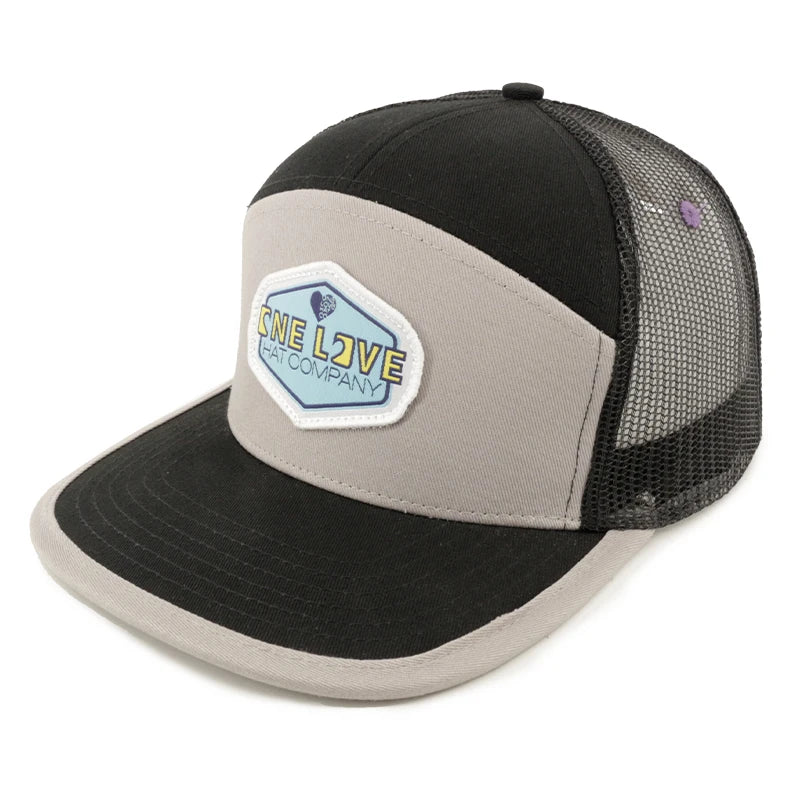 Custom Patch 7 Panel Applique Logo Cotton Flat Bill Brim Mesh Cap Snapback Trucker Hat