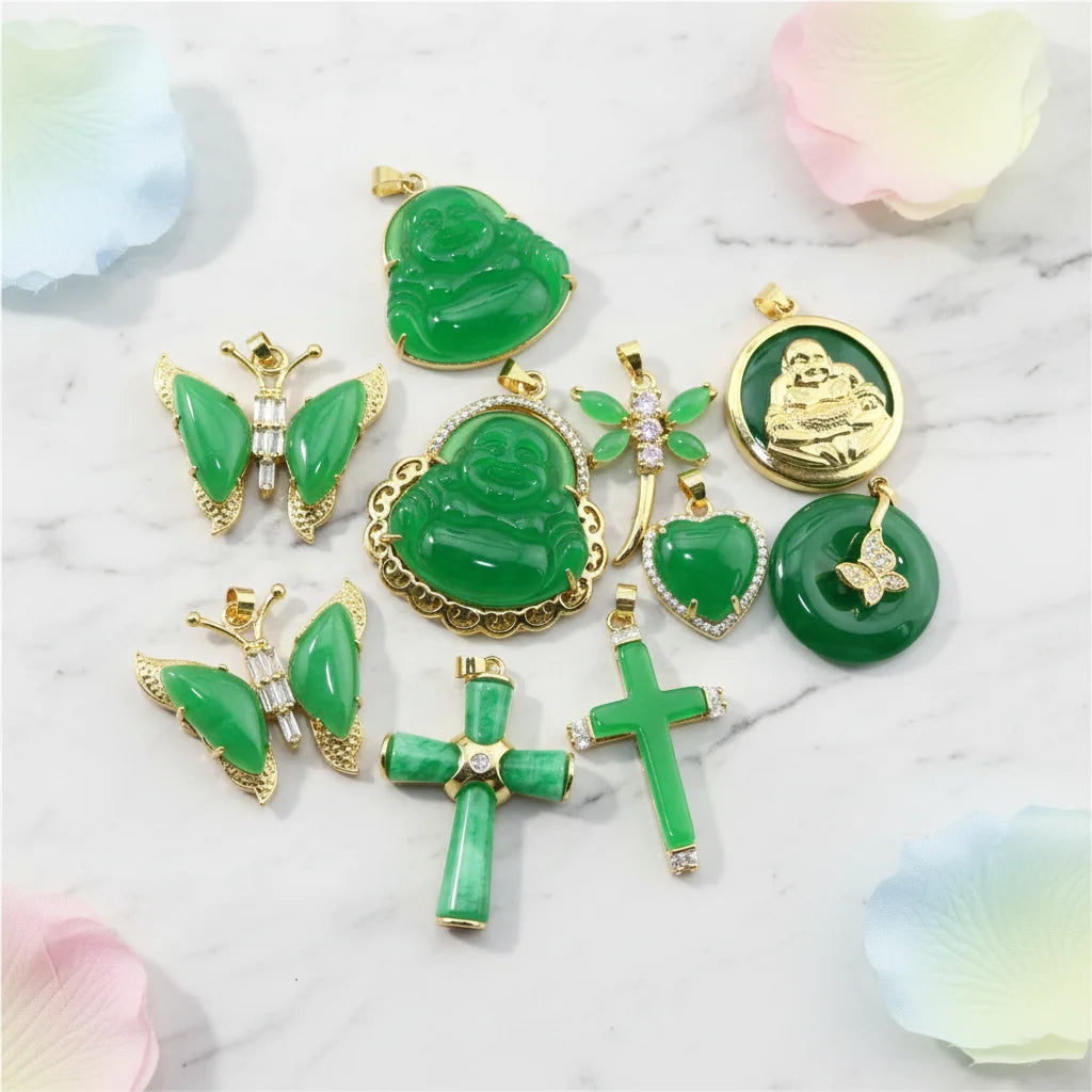 CZ9028 Gold Plated Micro Pave CZ Natural Green Jade Pendants Buddha/Cross/Heart/Butterfly Charms for Necklace DIY Jewelry Making MegaBDM