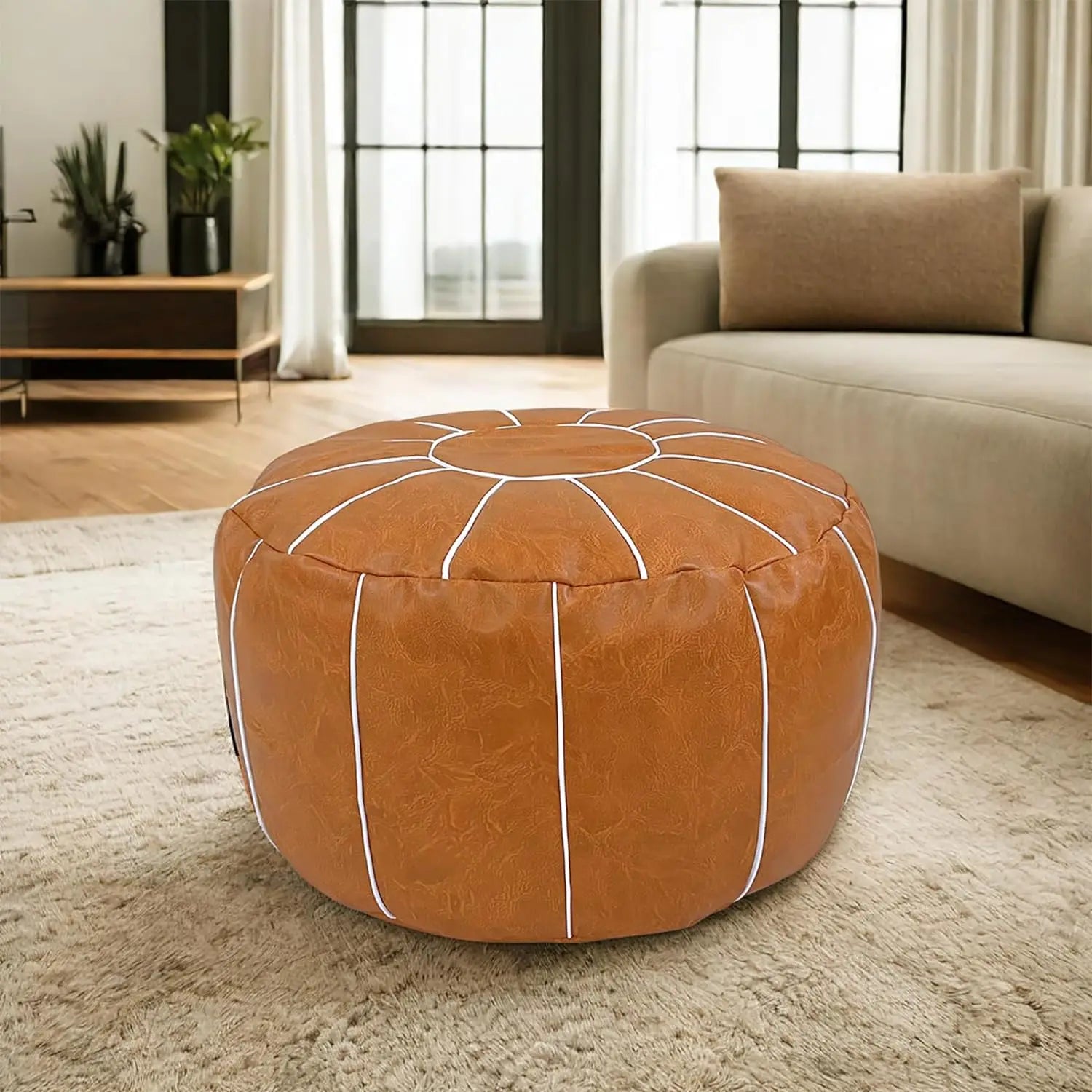 Moroccan Style Unstuffed Ottoman Pouf Faux Leather Bean Bag Sofa Cover for Indoor Use for Living Room or Office to Go Sofa