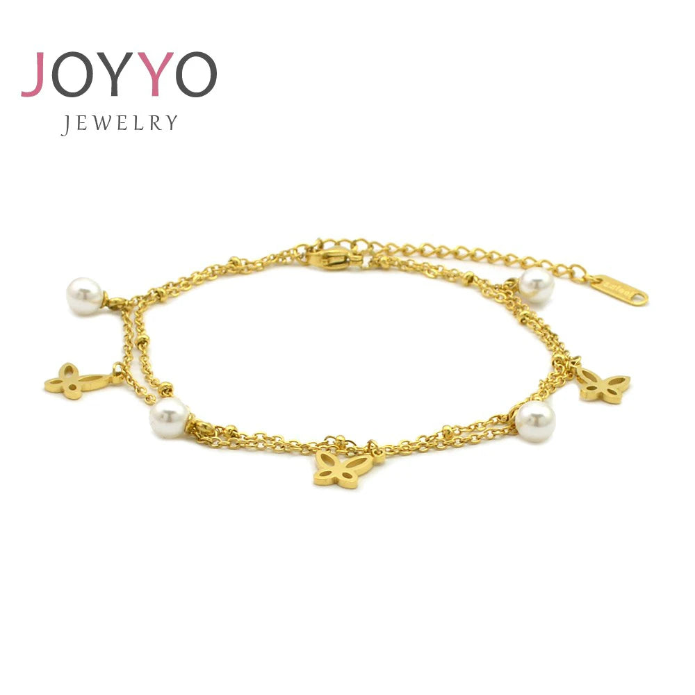 Women's Unique Stainless Steel Double Layer Butterfly Pearl Bracelet Gold Plated Crystal Chain for Parties and Gifts