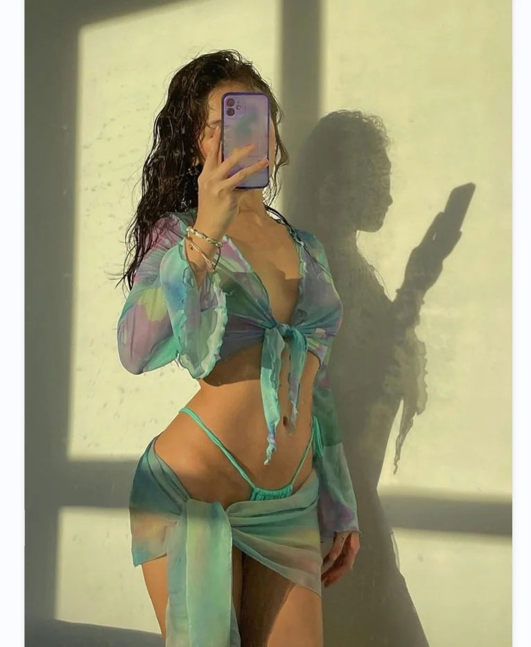 4pcs Swimwear Tie Dye Halter Triangle Bikini Swimsuit Cover up Top With Skirt Set Bathing Suit