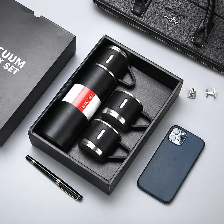 Cross-border Stainless Steel Double-Layer Vacuum Thermos Cup Modern Three-Lid for Business Office Handheld Film Suit