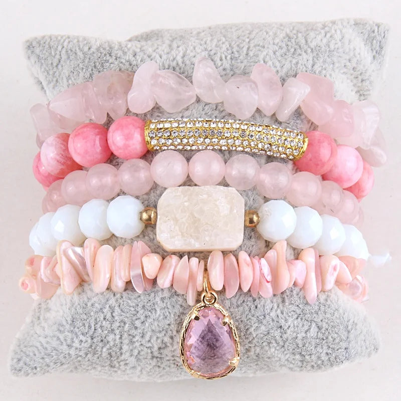 New Women Chip Stone Stretch Natural Gemstone Beaded Bracelet Set Long Druzy Stack Bracelet Set