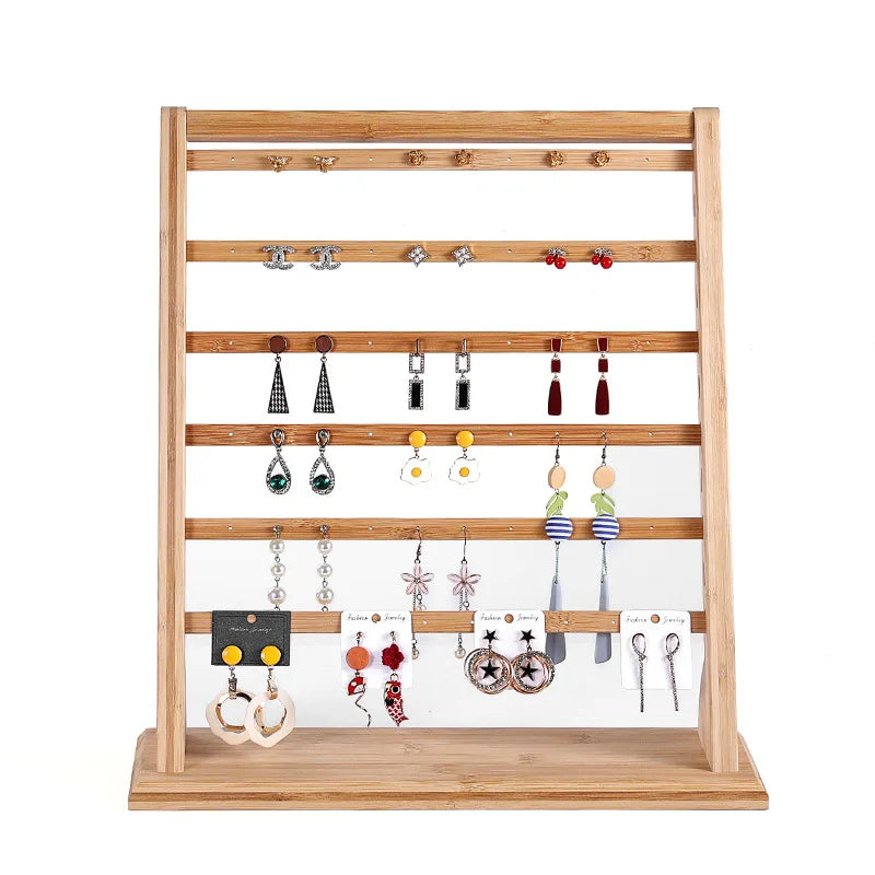 Popular Detachable Natural Bamboo Jewelry Earrings Cards Display Stand with 6 Removable Bars Adjustable Distance 60 Holes