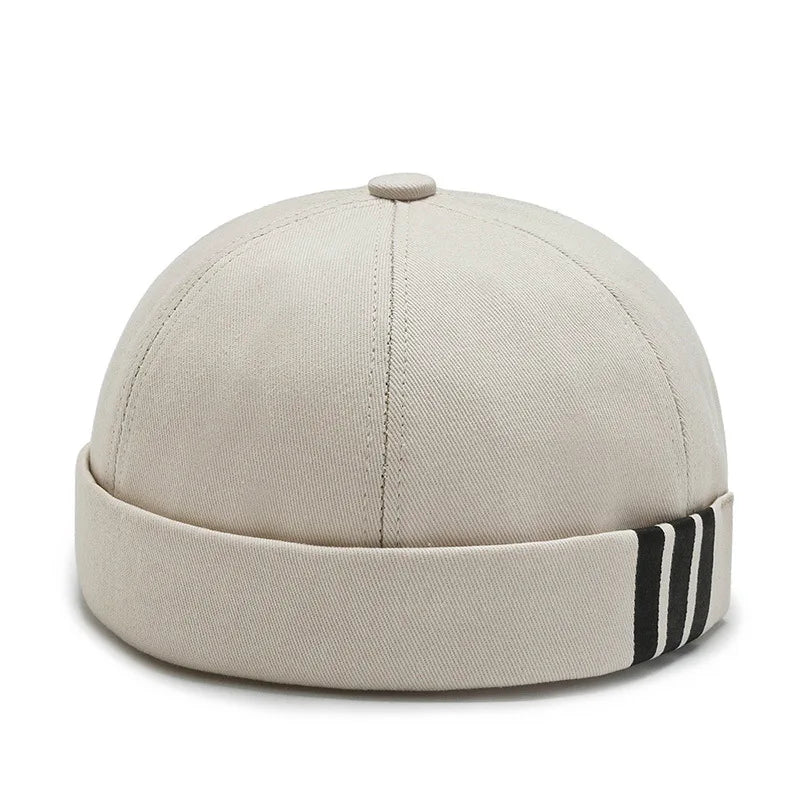 Beige Men's Casual Docker Cap Rolled Cuff Retro Beanie Adjustable Brimless Hat Skullcap