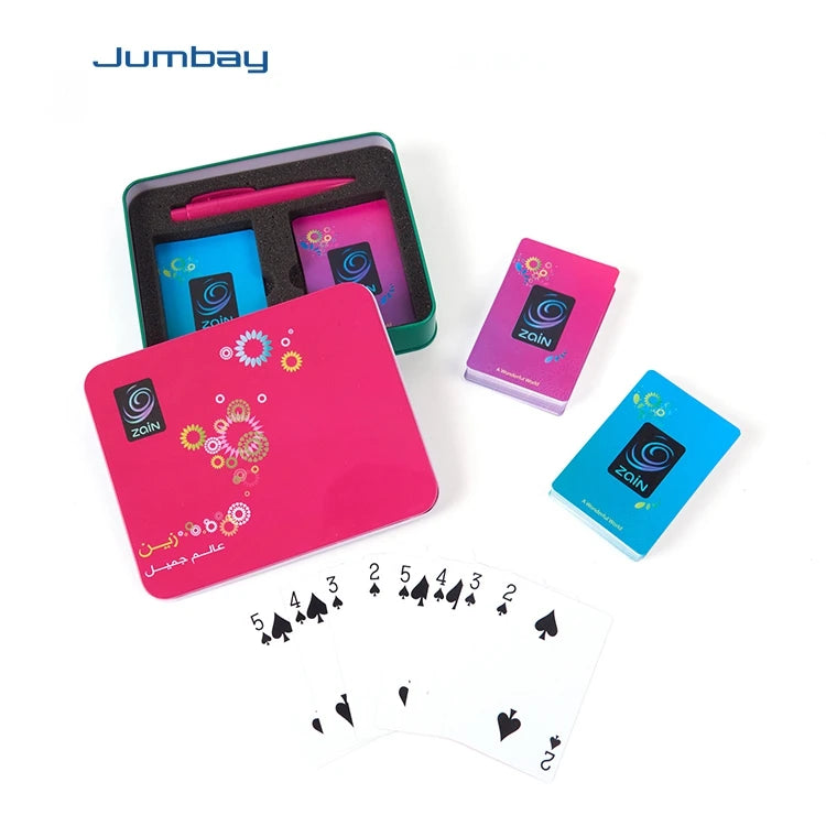 Custom Printing Double Deck Play Card Advertising Poker Plastic Zain Playing Cards in Tin Box Holder
