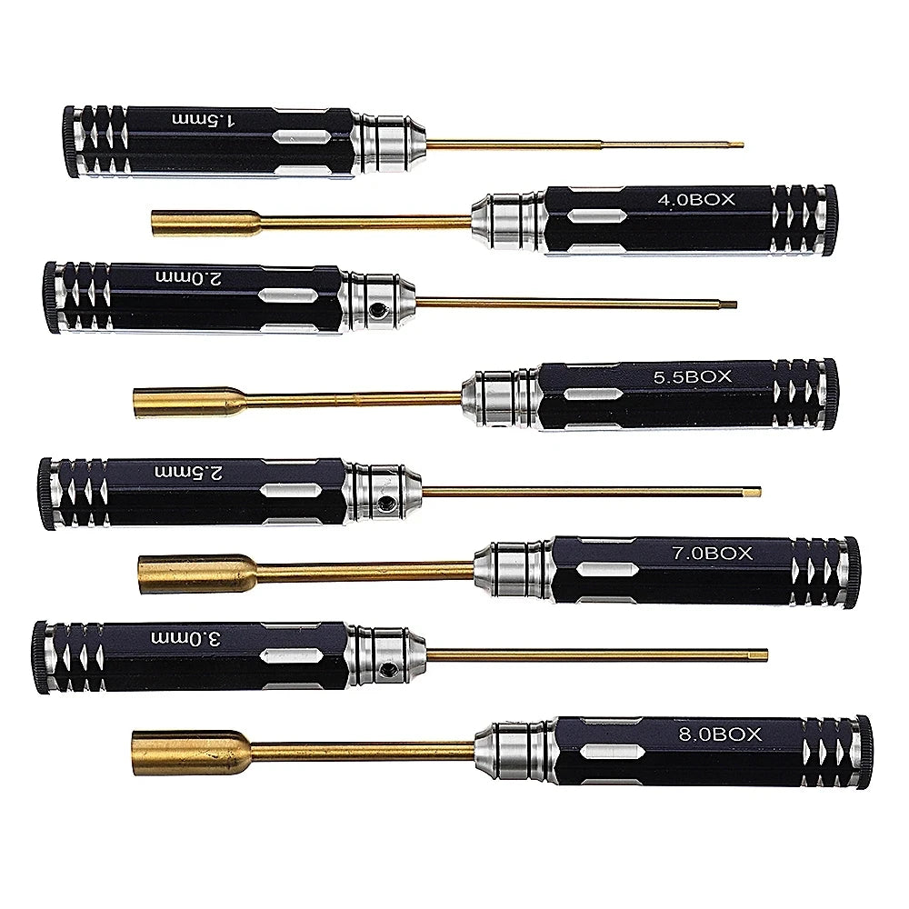 16pcs Aluminum Handle Titanium Coated HSS Tips Plain Finish Hex Phillips Screw Nut Flat Screw Driver Kit RC Helicopter Airplane