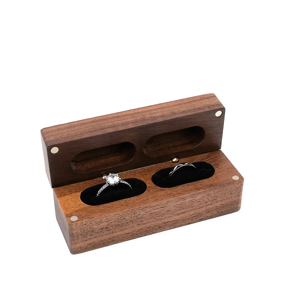Rectangle Black Walnut Luxury Jewellery Packaging Ear Wood Double Ring Box Double Wooden Ring Boxes