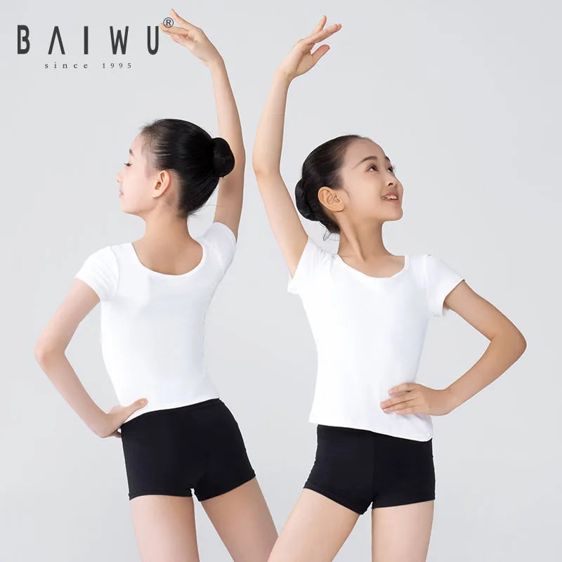 122210014 Baiwu Kids Short Sleeve T Shirt Children Square Collar Training Dance Wear Spandex Yoga Crop Tops Clothes