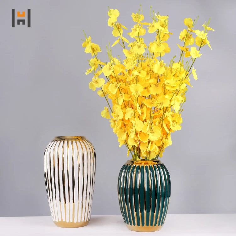 Luxury Style Ceramic Flower Vase Golden Trim Decor Home Desktop Vase Flower Pot Modern Design