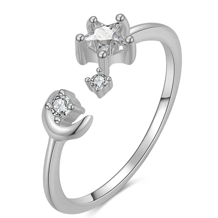 Fast Delivery Adjustable Ring 925 Sterling Silver Girls Ring Moon Star Design Zircon Rings