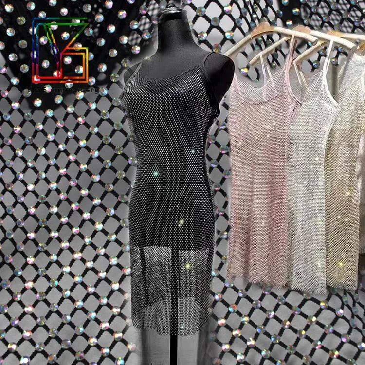 130cm*100cm Elastic Fishnet Mesh With Silver Rhinestone Covered Metallic Sparkling Glitter Sexy Cover-up Lace Fabric for Dress