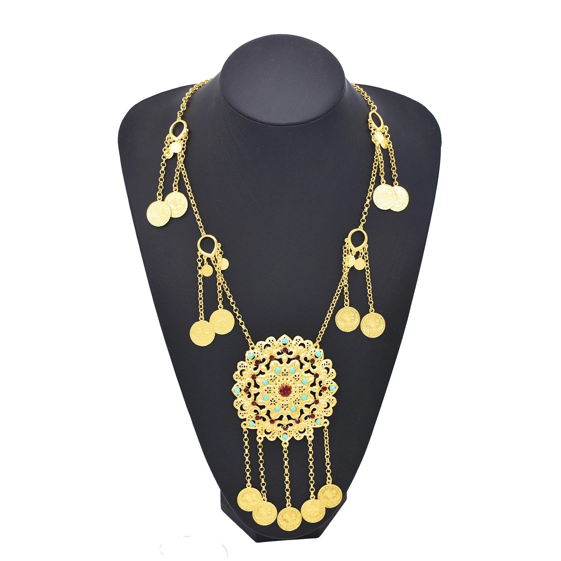 New Bohemian Gold Plated Coin Tassel Flower Shaped Pendant Necklace Middle Eastern Jewellery