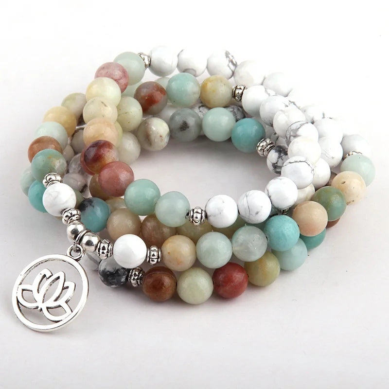 Fashion 8mm White Howlite Amazonite Stones Bohemian Tribal Jewelry Lotus Flower Charm Necklace 108 Mala Yoga Bracelet Necklace