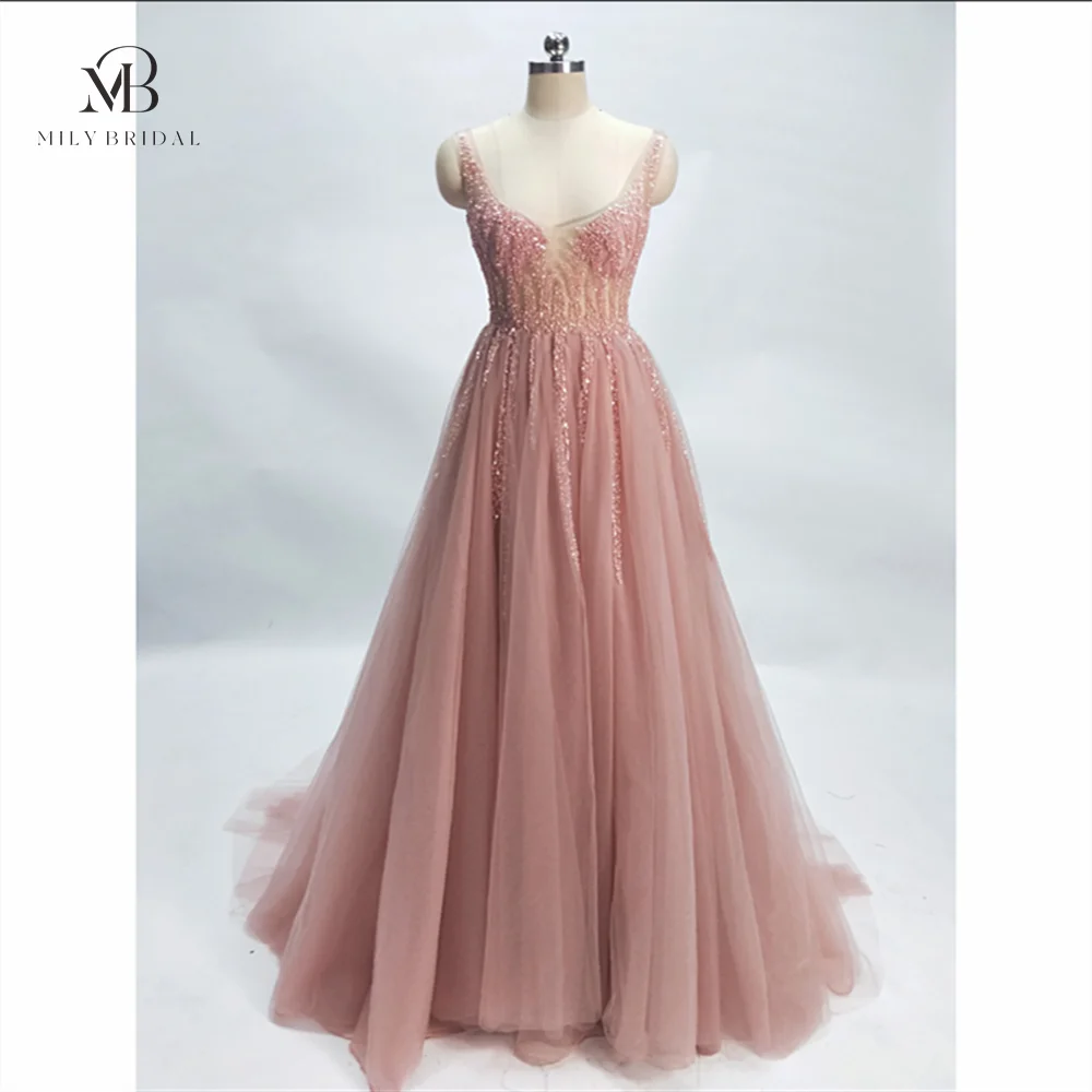 Mily Bridal OEV-L4050 Simple Design for Women Evening Dresses A-line Lace Beaded Tulle Layers Party Dresses