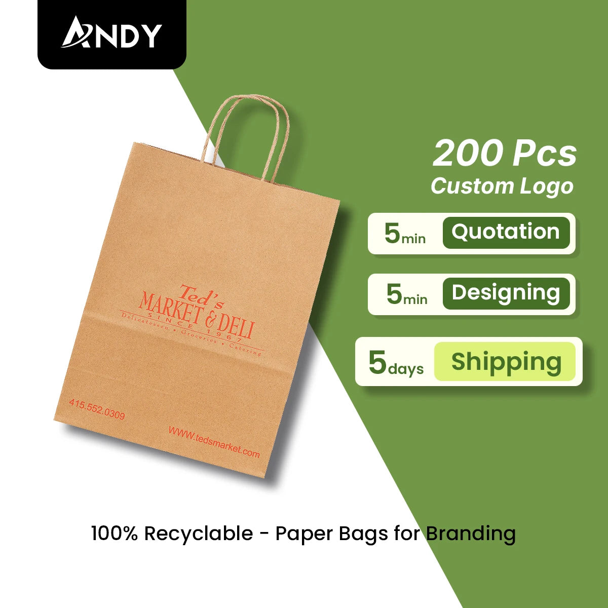 Factory Customized Eco-Friendly Recycled Kraft Shopping Gift Paper Bags Food Grade Bio-Degradable Personal Logo Classic Style