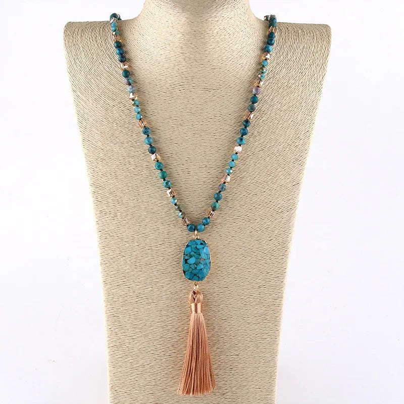 Fashion Women Aquamarine-blue Iasurite Crystal Natural Stone Beads Facet Stone Pendant Irregular Druzy Tassel Necklace