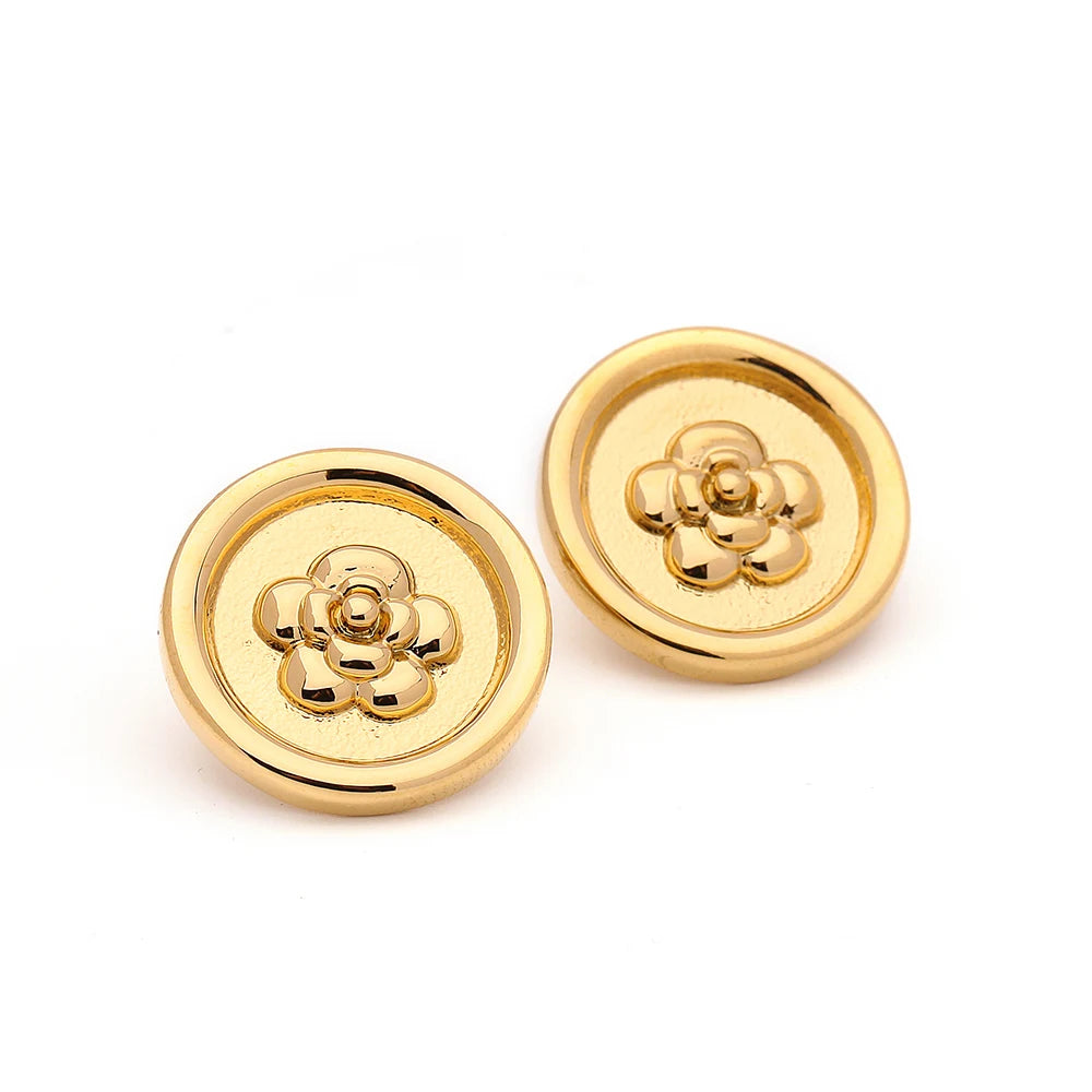 Gold Plated Round Stud Earrings with Rose Floral Design Women's Holiday Fashion Jewelry Pendientes