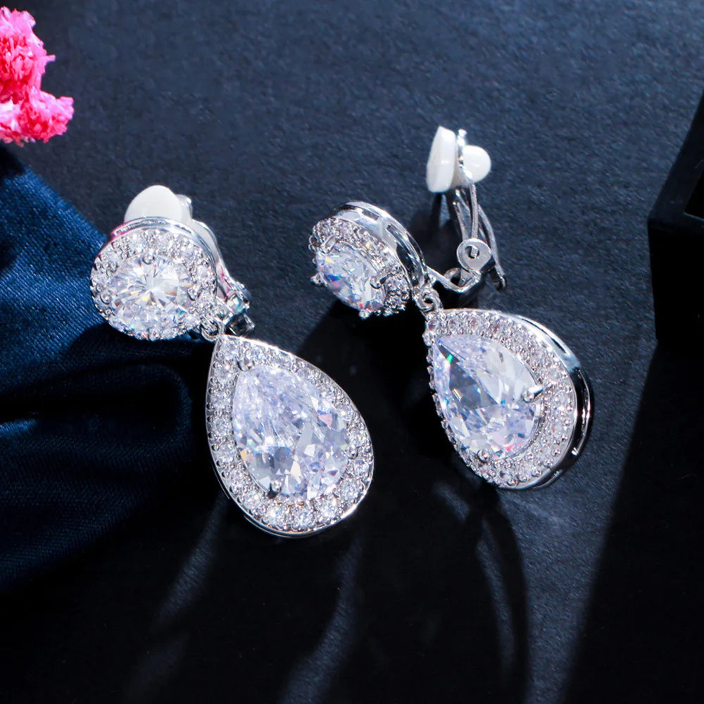 Non Pierced Ear Design Dangle Water Drop Cubic Zirconia Crystal Wedding Bridal Clip on Earring Without Piercing