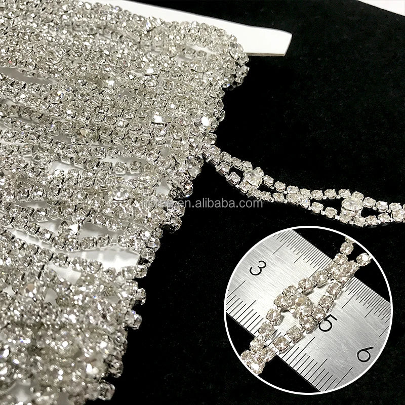 F051 Fashionable Eye Shaped Silver 3A Grade Motif Glass Crystal Chain Trim for Clothing Bag Decor 10mm Width Rhinestone