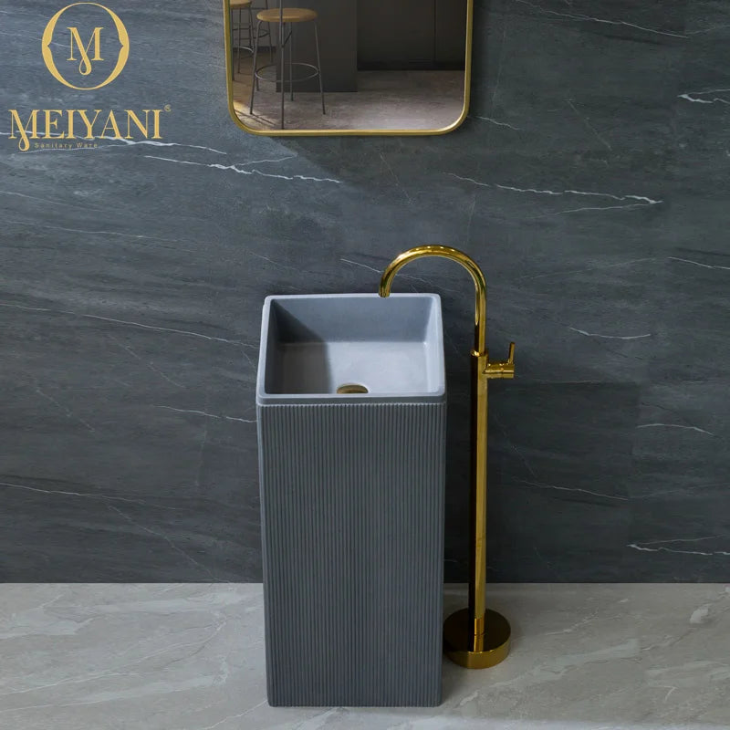 MEIYANI Modern Design Grey Solid Surface Artificial Stone Pedestal Basin for Hotels