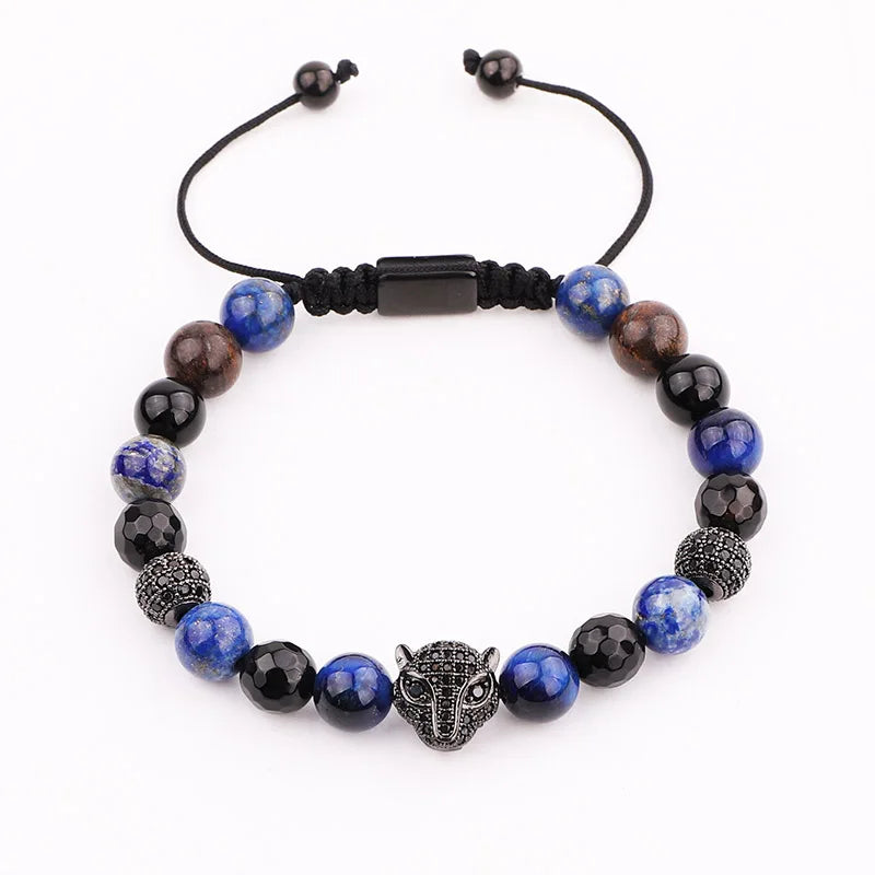 Jewelry Factory Make New Design CZ Pave Leopard Charm Natural Stone Woven Beads Men  Macrame Bracelet