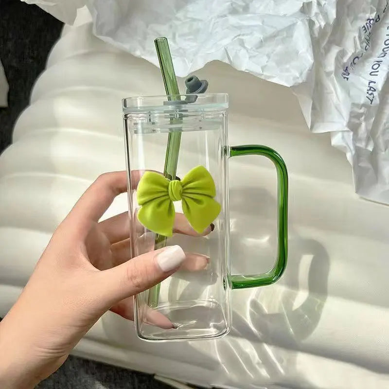 2024 Newly Designed 400ml Clear Glass Tumbler Colorful Handle and Straw Bow Glass Tumbler for Juice