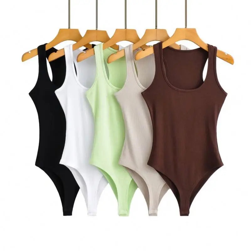 Ribbed Women Sleeveless Compression Slimming Deep Neck Sexy Bodysuit