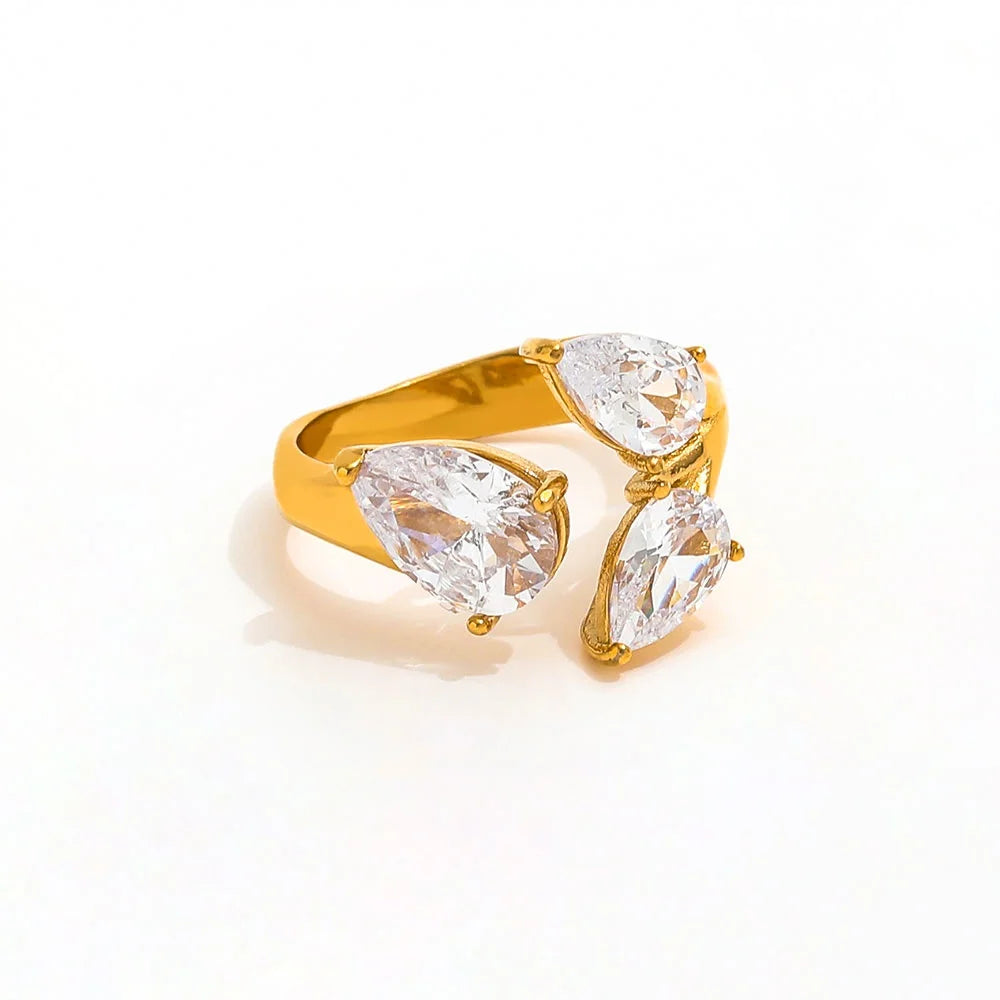 High End 18K Plain Gold Three Water Drop Zirconia Open Lines Ring Stainless Steel Trendy Simple Gold Plated Jewelry