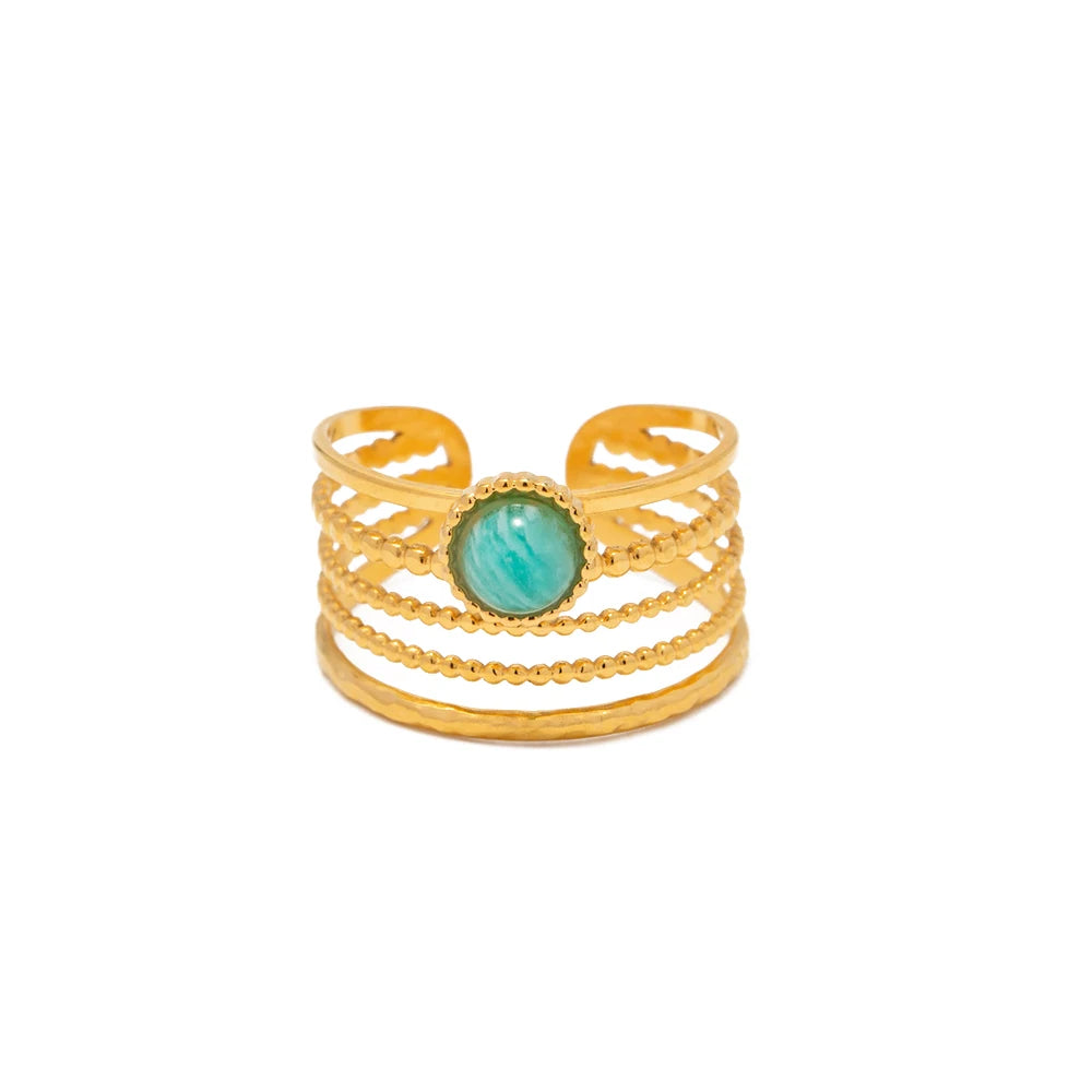 18K Gold Plated Stainless Steel Oval Cut Bezel Setting Natural Blue Stone Eternity Band Open Ring Trendy High-quality Jewelry