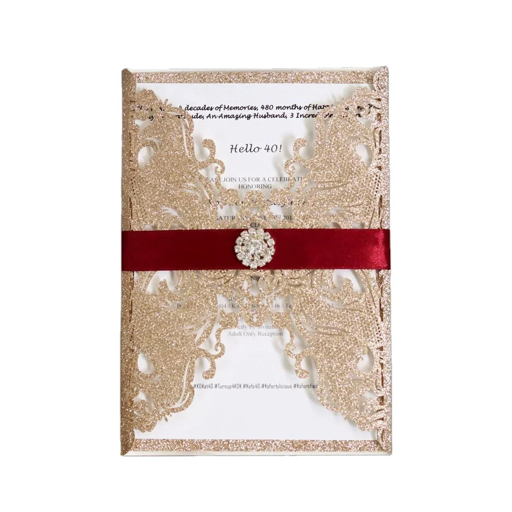 Laser Glitter Invited Cards Rose Gold Lace Invitation Cards With Ribbon and Buckle MegaBDM