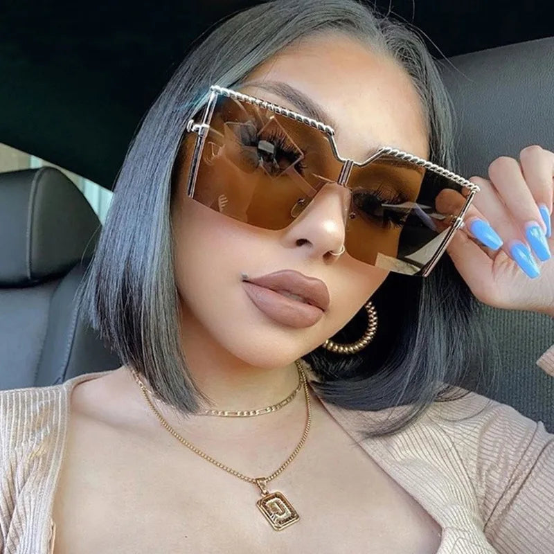 Large Square Frame Rimless One-piece Sun Glasses Lunette De Soleil Female Shades Gradient Lens Beach Sunglasses