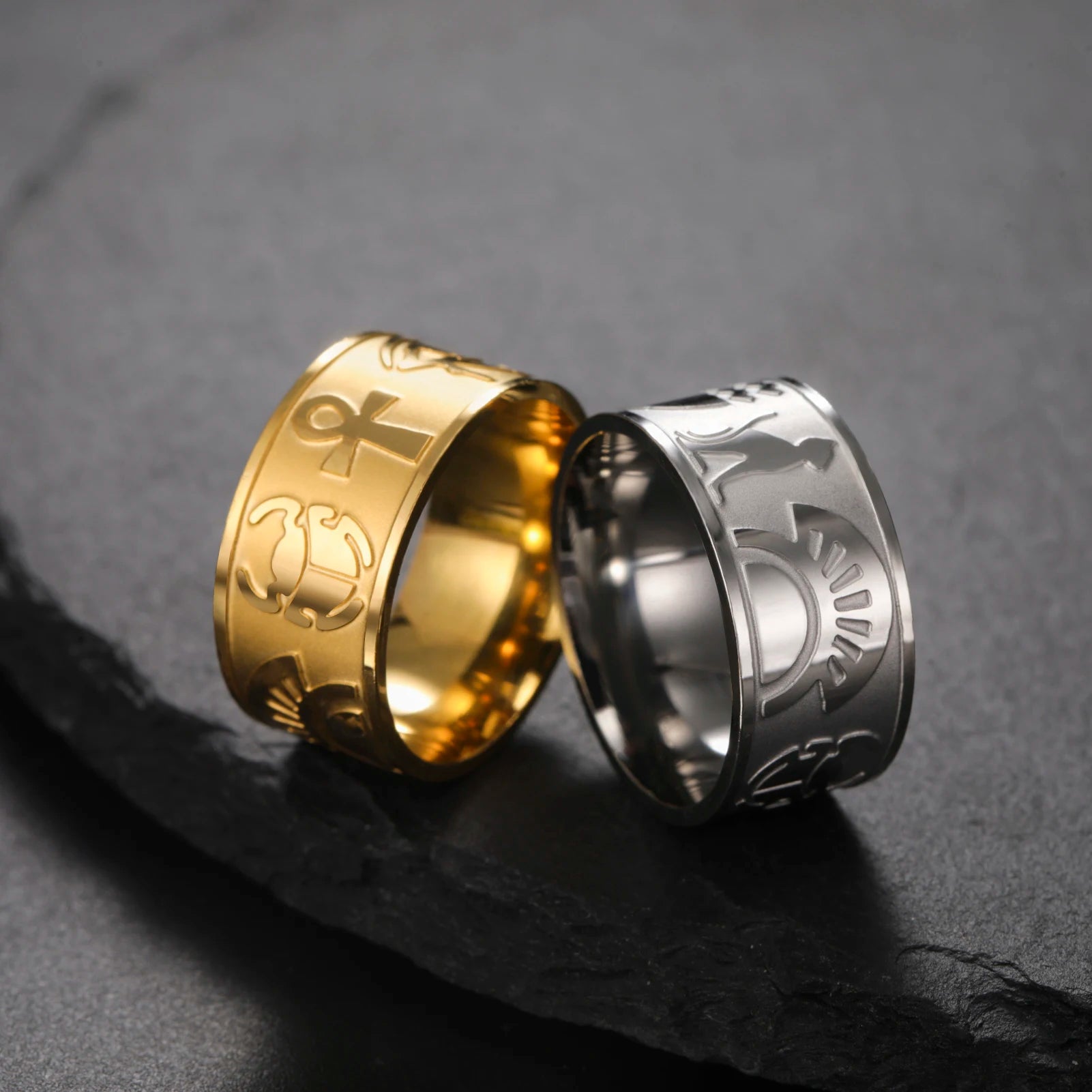 Vintage Stainless Steel Engraved Cross Ring Real Gold Plated the Eye of Horus Ring Jewelry Amulet Gifts for Men Women