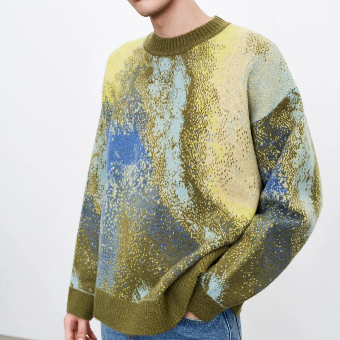 Factory Custom New Fashion Ombre Men's Winter Woolen Jacquard Knitting Crew Neck Men Sweater