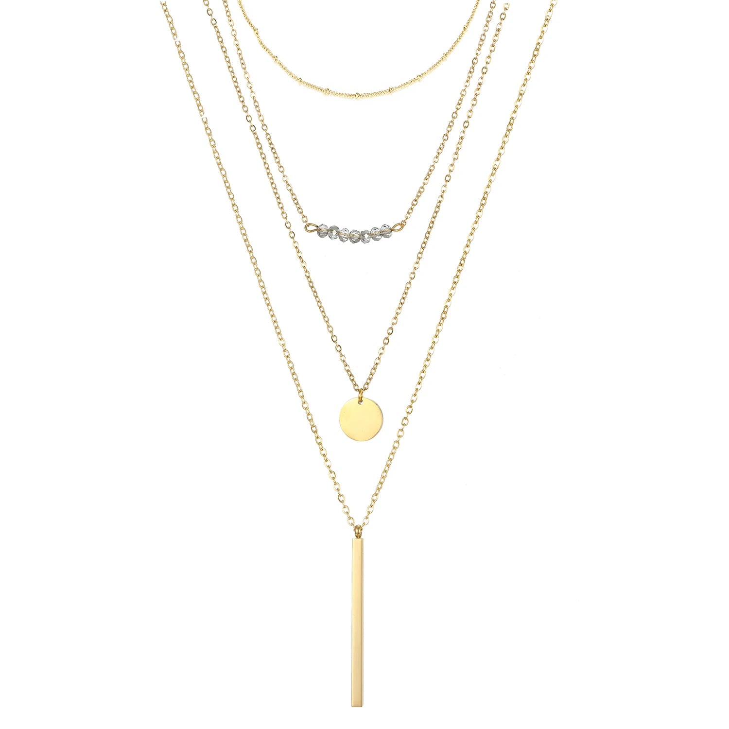 316L Stainless Steel  Long Smooth Pattern Disc Pendant 4 Multi Layer Crystal Beads Link Necklace