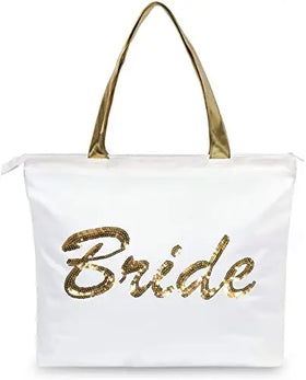 Ruthbag Gold Sequin Wedding Canvas Tote Bag Bridal Shower Gifts with Internal Pocket Top Zipper Closure Letter Pattern Design