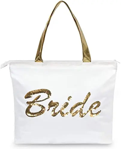 Ruthbag Gold Sequin Wedding Canvas Tote Bag Bridal Shower Gifts with Internal Pocket Top Zipper Closure Letter Pattern Design