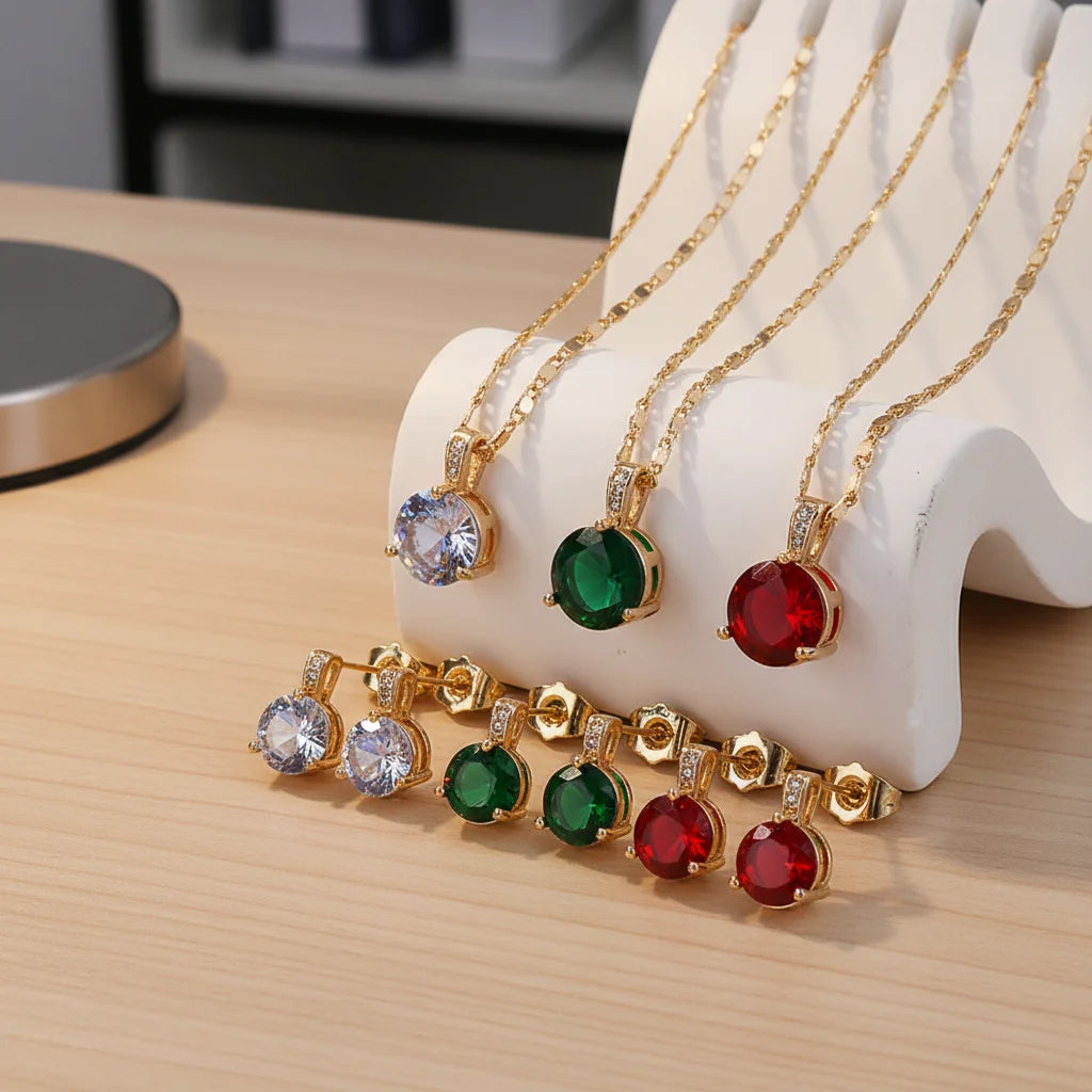 Wholesale Trending Cubic Zirconia Fashion 18k Gold Plated Necklace and Earring Jewelry Sets for Women