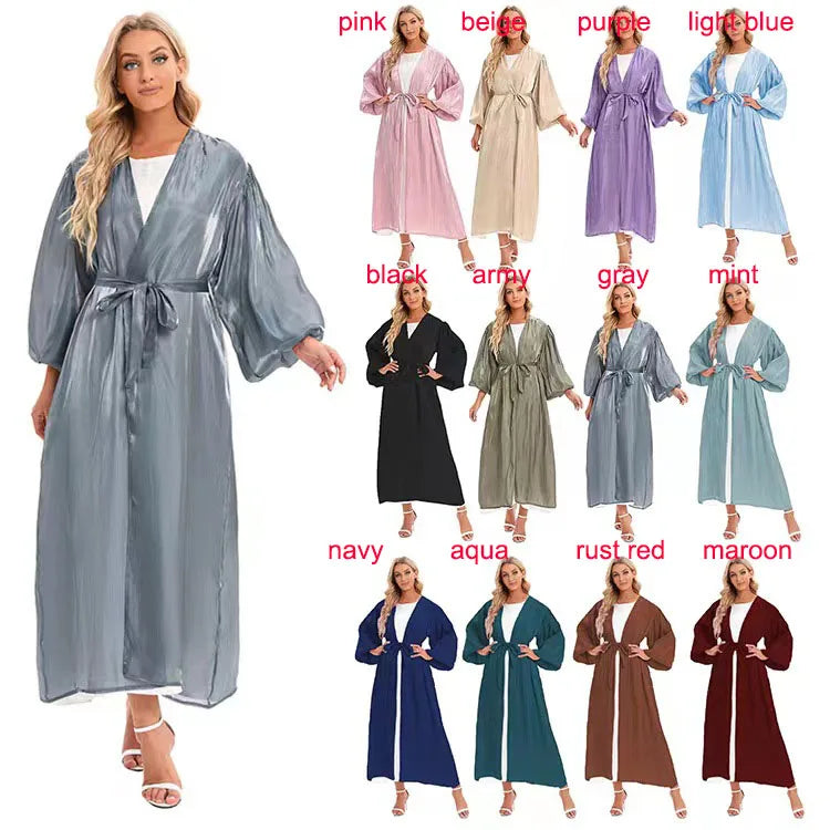 Open Abaya Dubai Kaftan Dress Dubai Shiny Puff Sleeves Muslim Silky Kimono Women Satin Silk Open Front Abaya Islamic Clothing